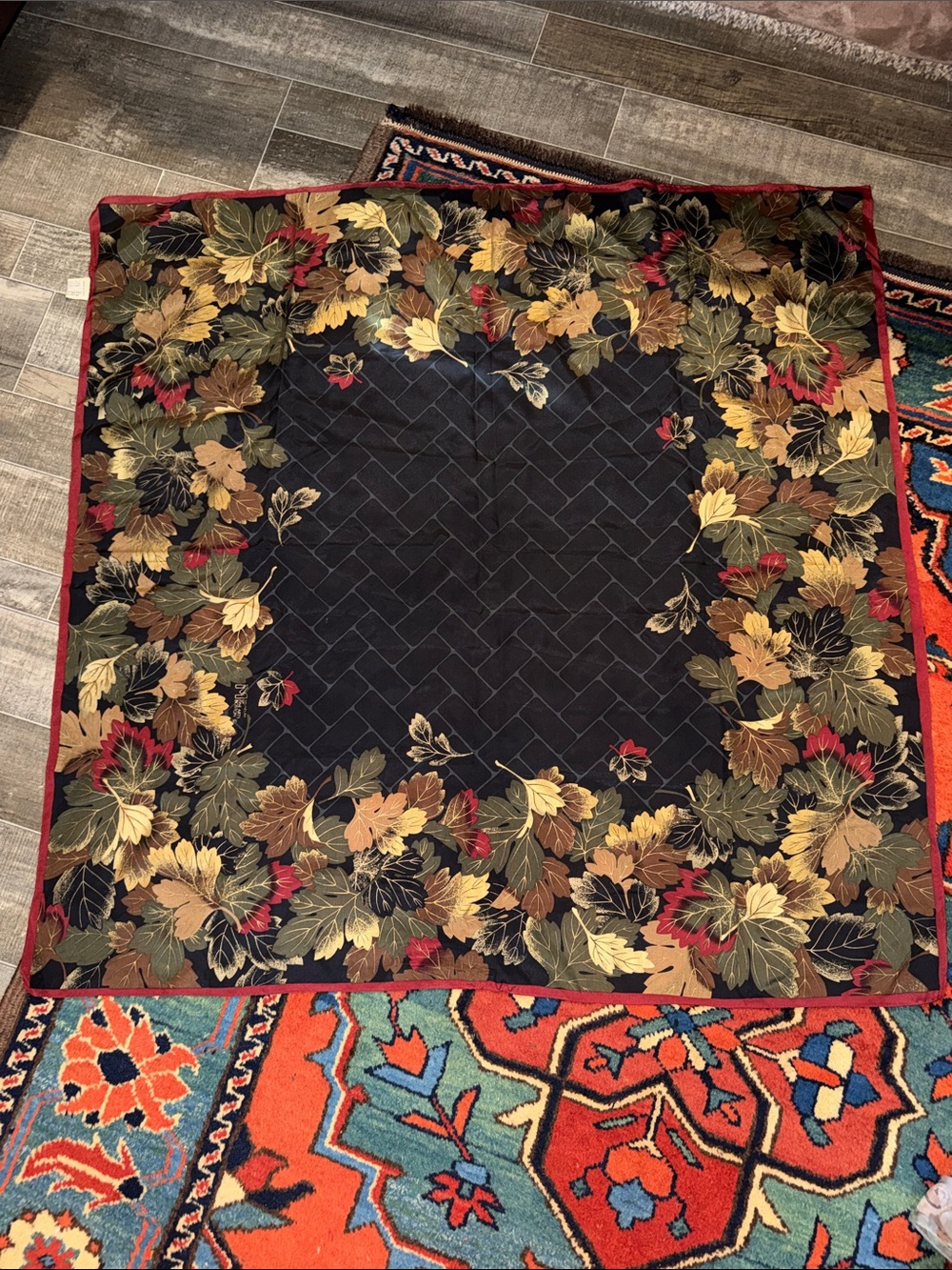 VTG Museum of Fine Arts Boston Autumn Leaves Silk Square Scarf Red Border